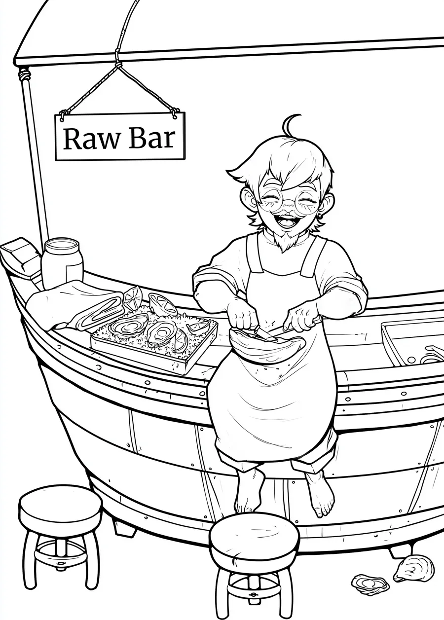 Colouring page: a shucker at a boat-shaped raw bar under an awning, a tray of oysters on ice with lemon, stools pulled up