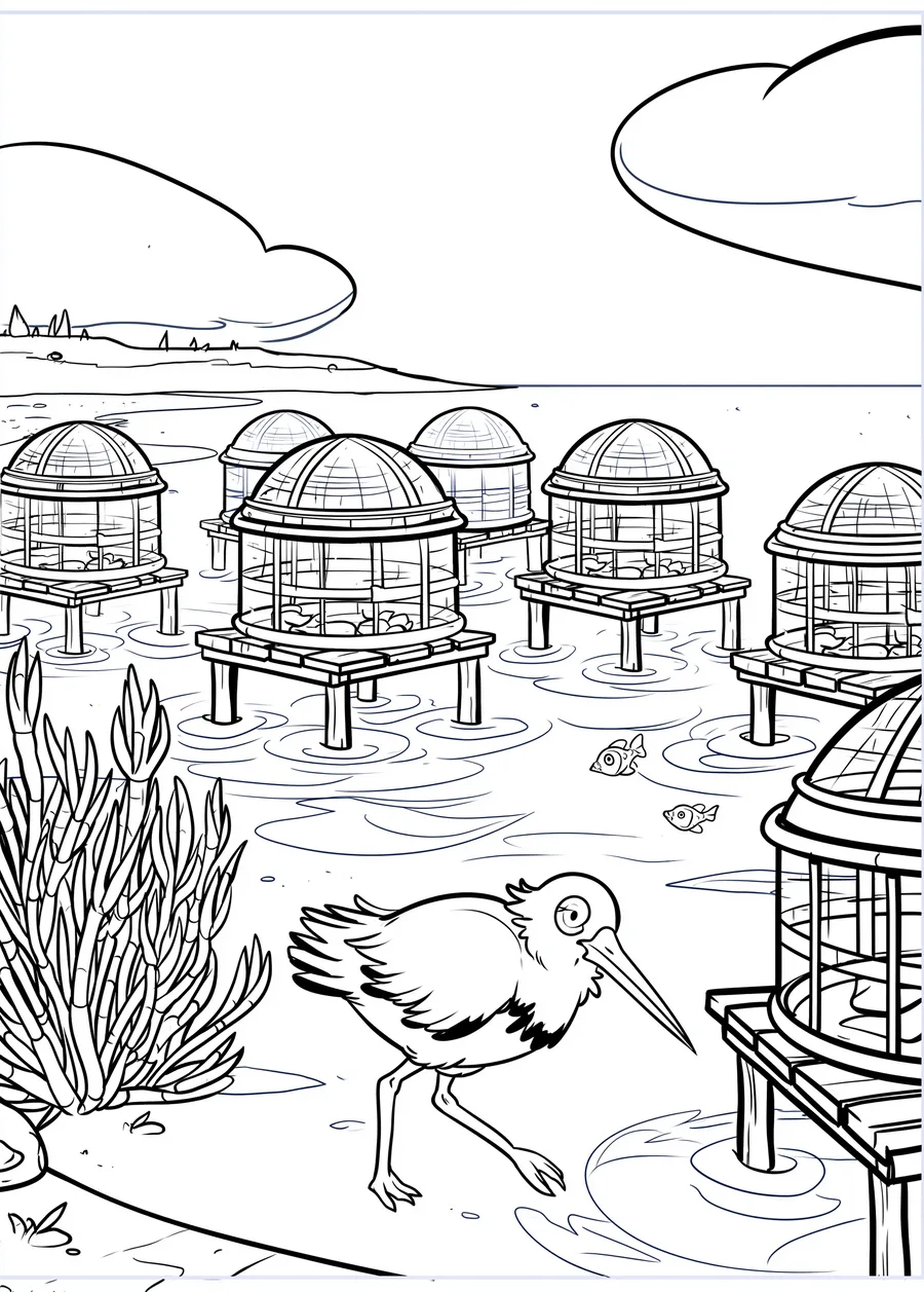 Colouring page: mesh oyster cages in the tidal shallows of the river