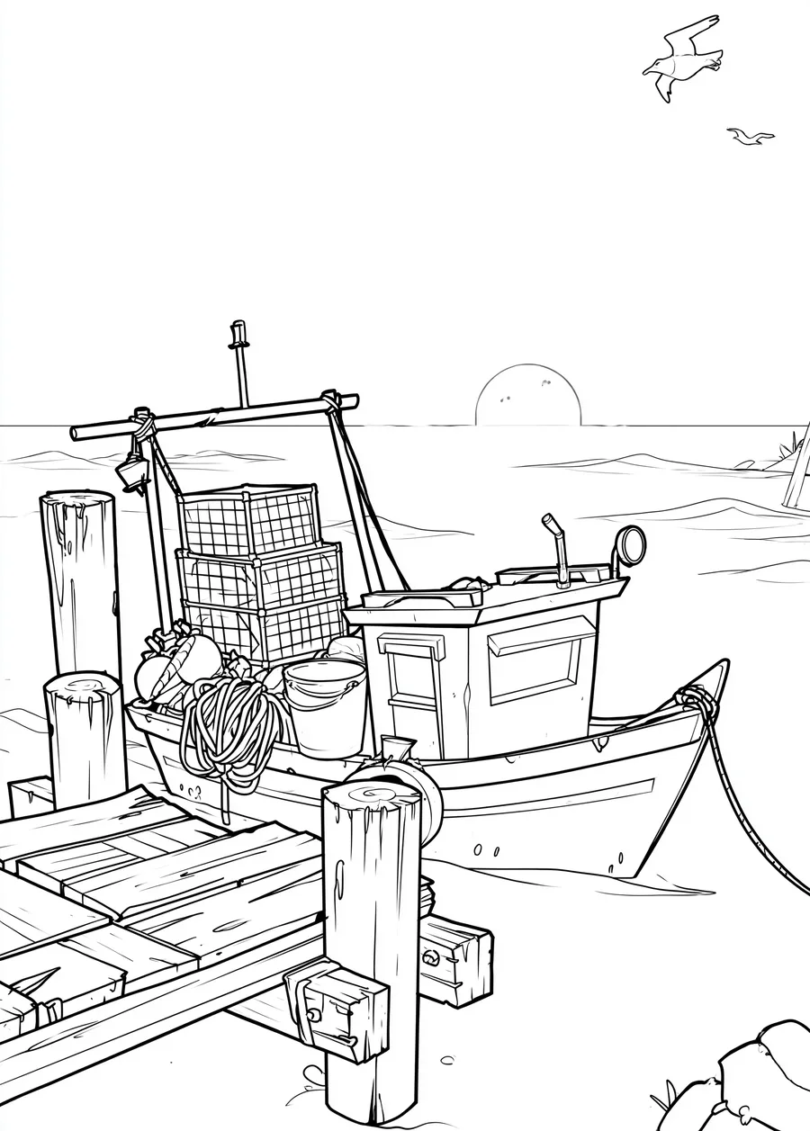 Colouring page: a workboat on the water, the deck rigged for pulling and sorting oyster cages